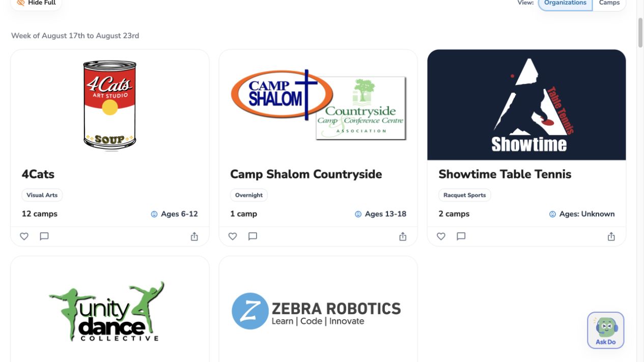 KIDO organization cards for local camp providers