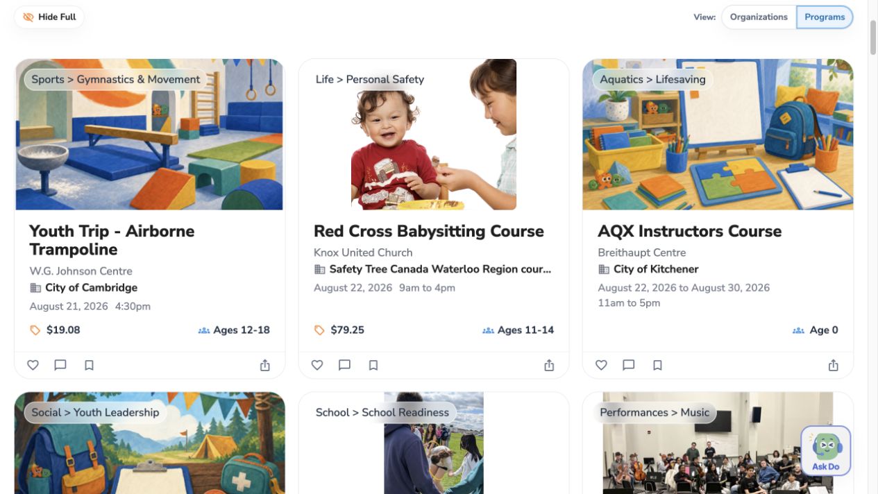 Actual KIDO program cards including gymnastics, babysitting, and lifesaving programs
