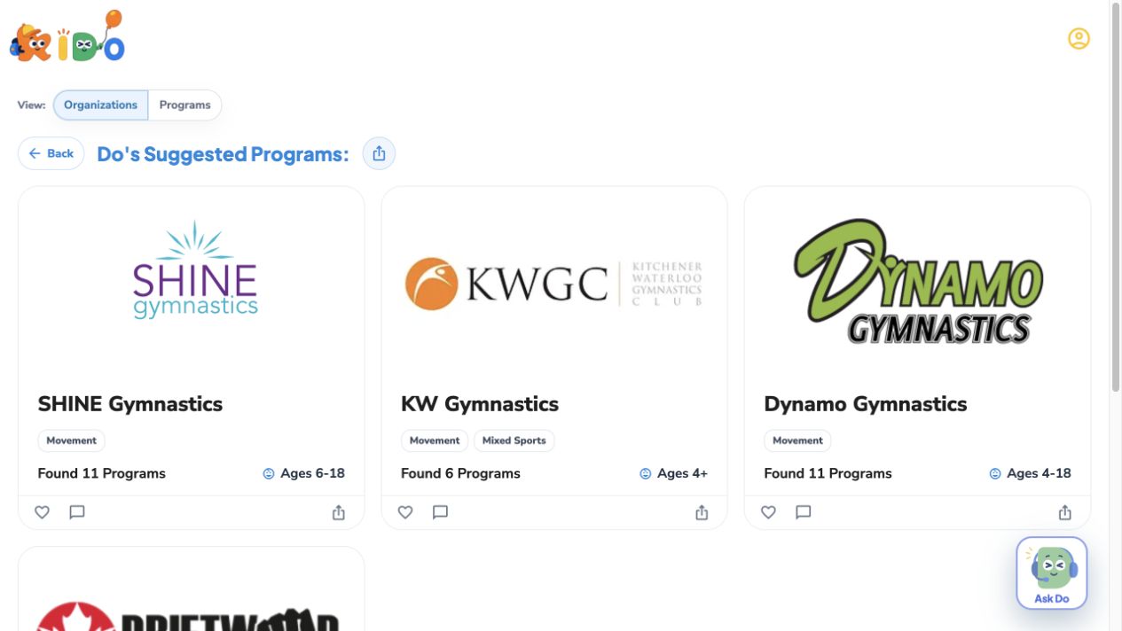 Do's suggested indoor sports programs grouped by organizations including SHINE Gymnastics, KW Gymnastics, and Dynamo Gymnastics