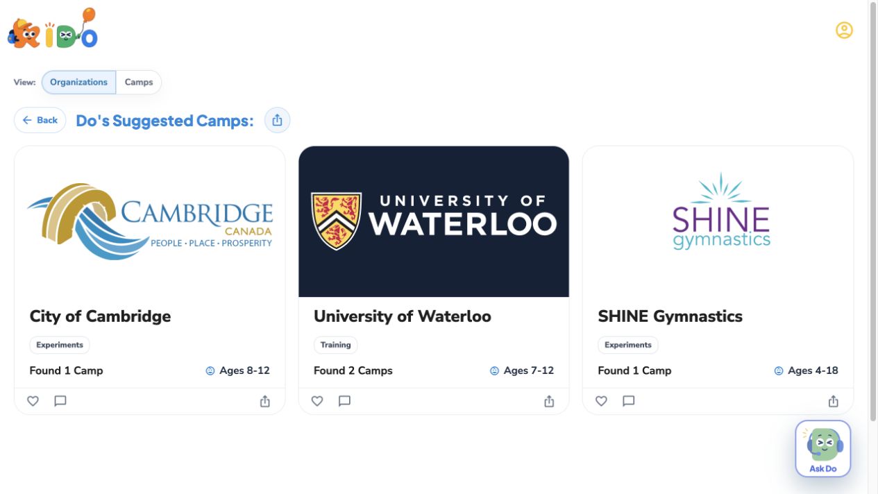 Do's suggested science camps grouped by City of Cambridge, University of Waterloo, and SHINE Gymnastics